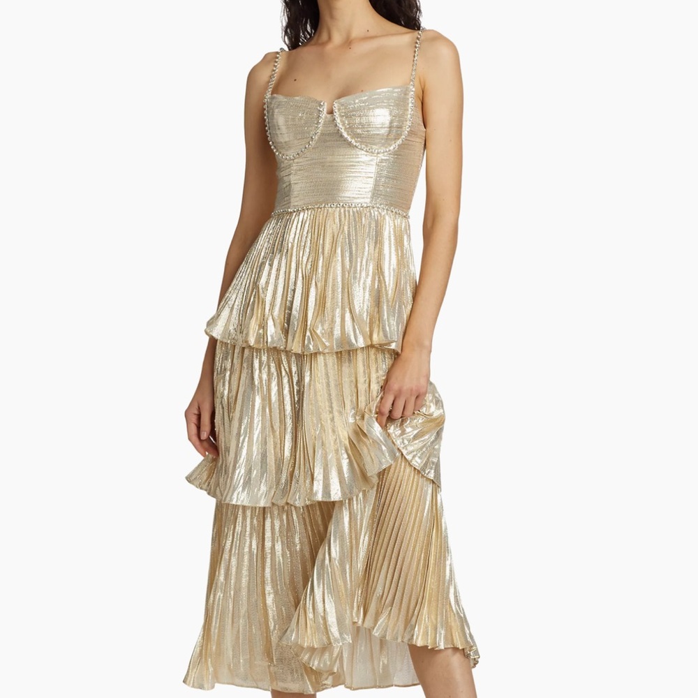 NWT- Self-portrait Gold Metallic Tiered dress